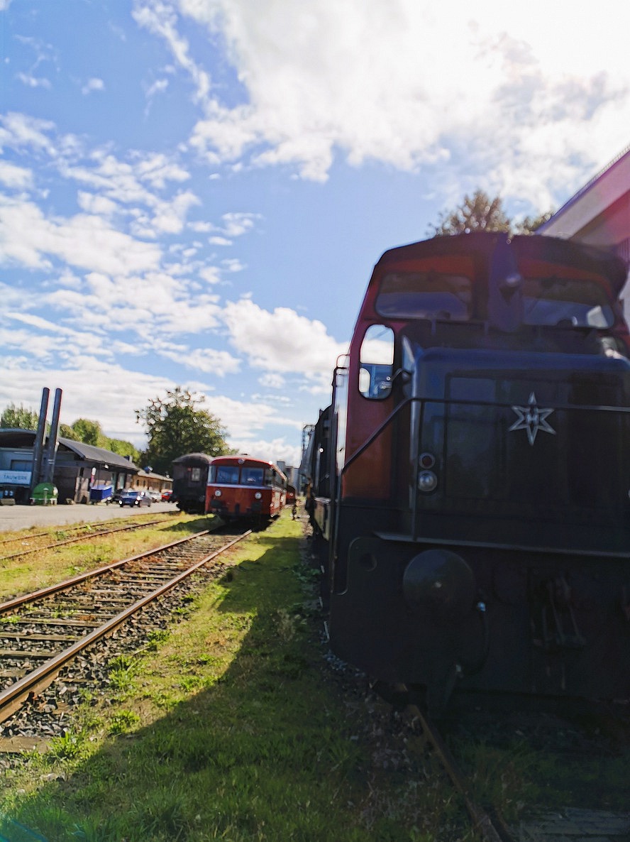 Hotel Südspeicher: alte Loks und Schienenbusse direkt am alten Bahnhof vor dem Südspeicher