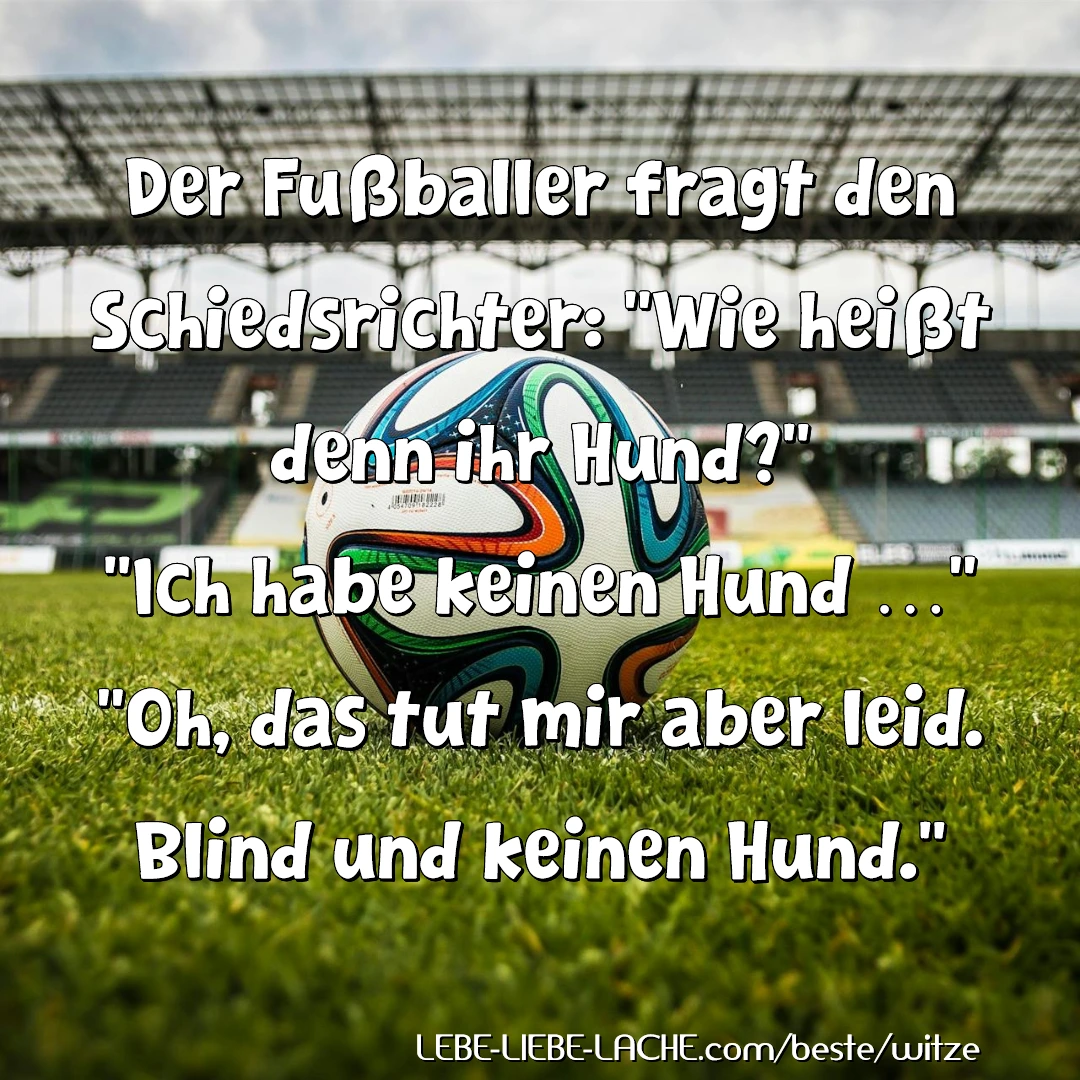 Der Fußballer fragt den Schiedsrichter: Wie heißt denn ihr Hund? Ich habe keinen Hund Oh, das tut mir aber leid. Blind und keinen Hund.