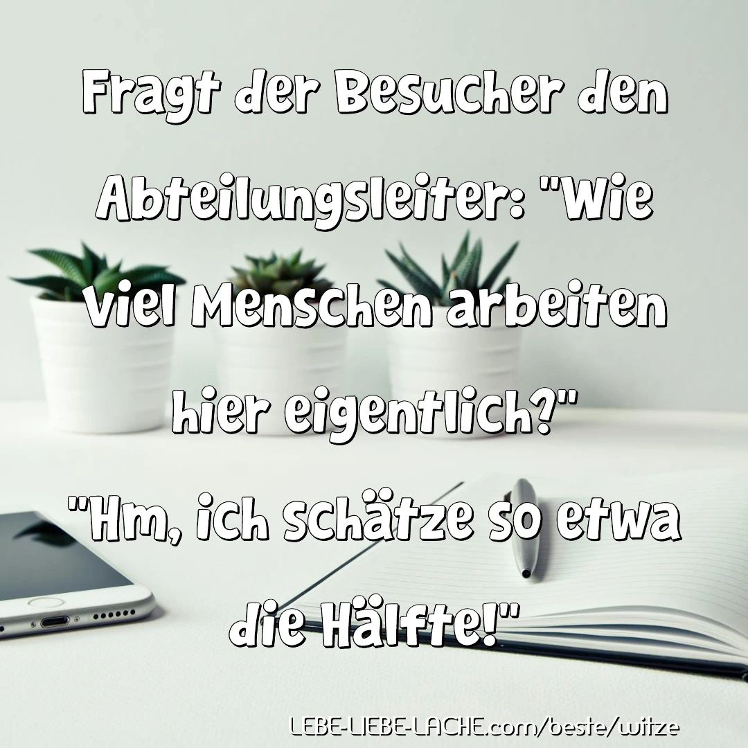 Fragt der Besucher den Abteilungsleiter: Wie viel Menschen arbeiten hier eigentlich? Hm, ich schätze so etwa die Hälfte!