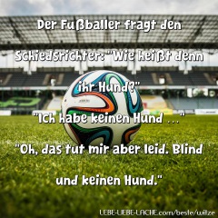 Der Fußballer fragt den Schiedsrichter: Wie heißt denn ihr Hund? Ich habe keinen Hund Oh, das tut mir aber leid. Blind und keinen Hund.