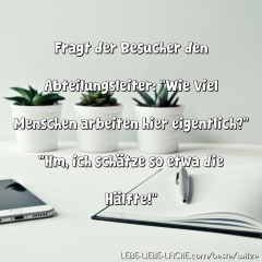 Fragt der Besucher den Abteilungsleiter: Wie viel Menschen arbeiten hier eigentlich? Hm, ich schätze so etwa die Hälfte!