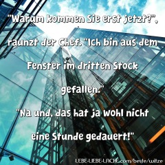 Warum kommen Sie erst jetzt? , raunzt der Chef. Ich bin aus dem Fenster im dritten Stock gefallen. Na und, das hat ja wohl nicht eine Stunde gedauert!